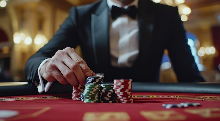 Live dealer baccarat table on desktop showing real dealer and betting interface